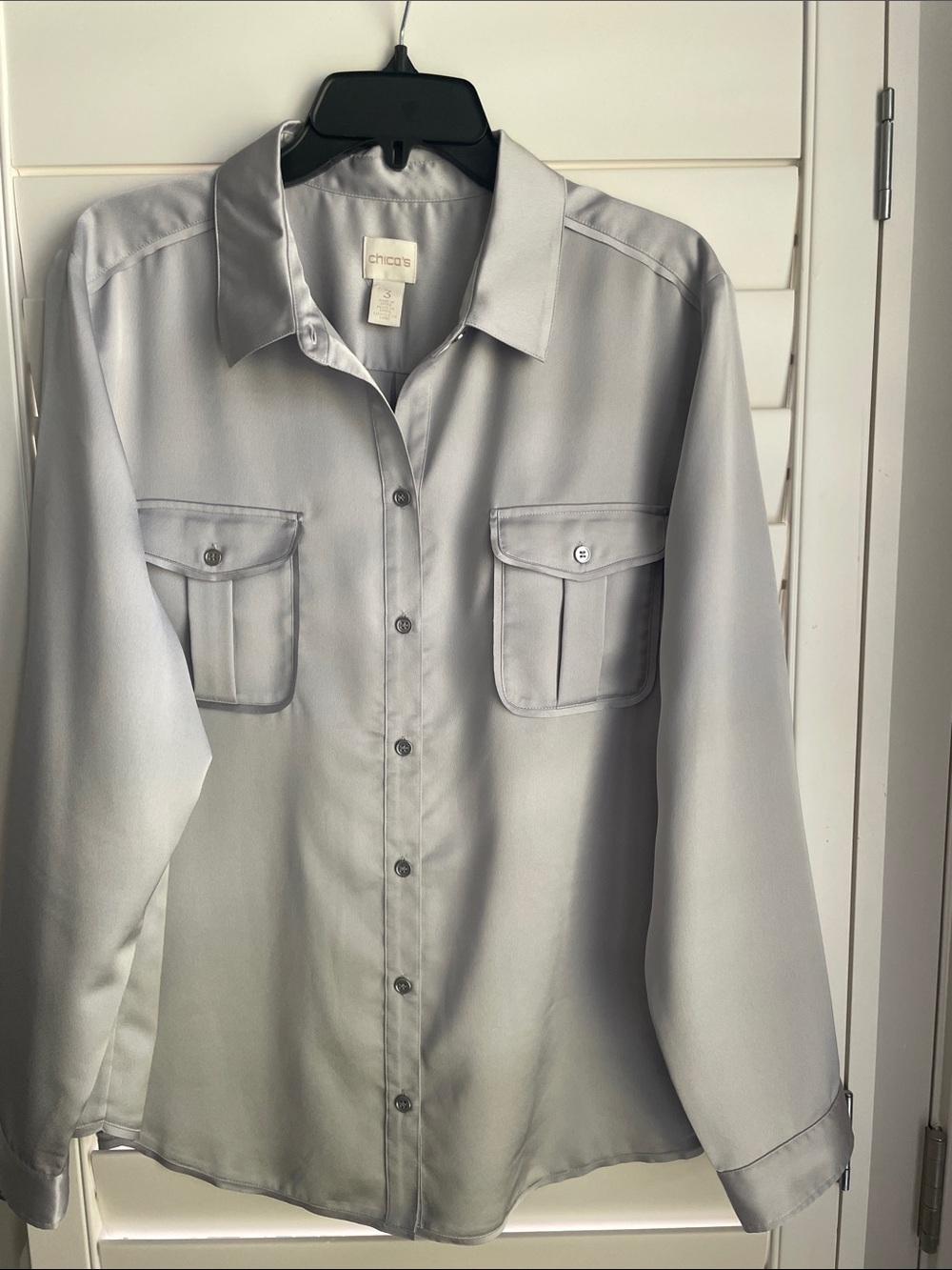 Chico's Light Silver Gray satin Crepe Button-Down blouse